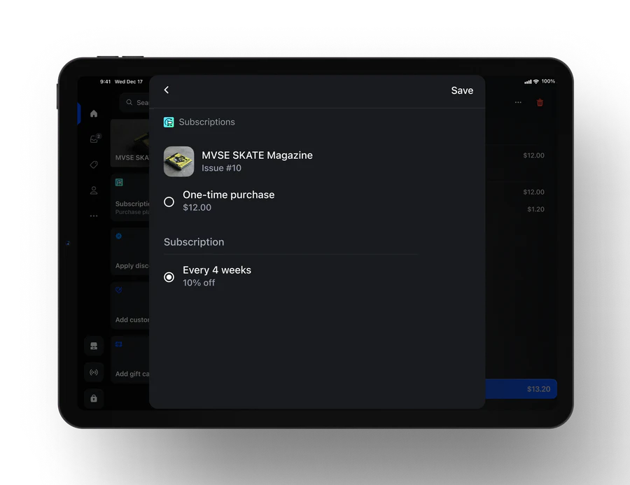 On the POS, there is a modal where a subscription is being added for a skate magazine.