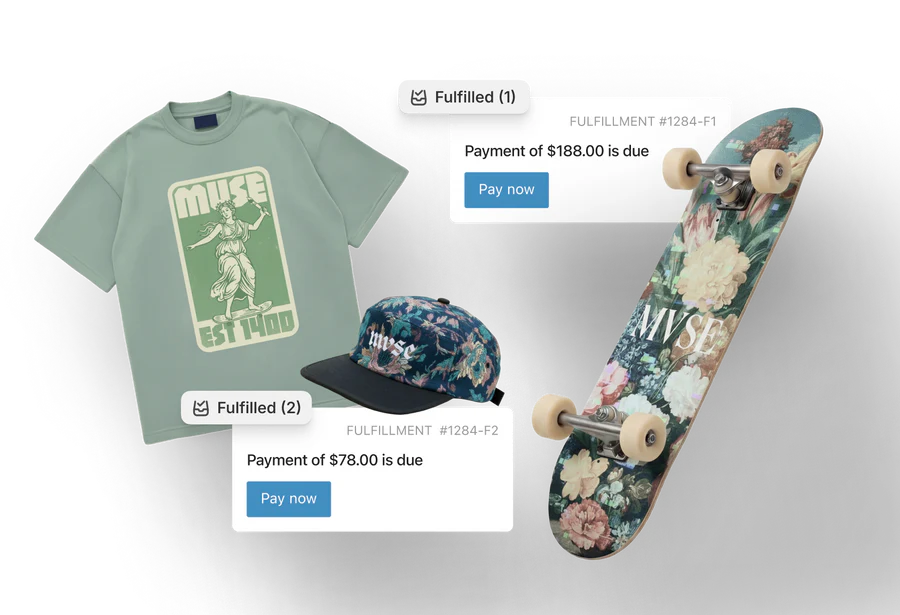 A hat, t-shirt, and skateboard are paired with their payments.