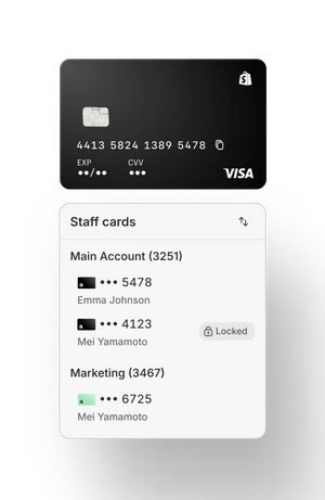 A credit card is shown with an interface that breaks down the staff cards by department. 