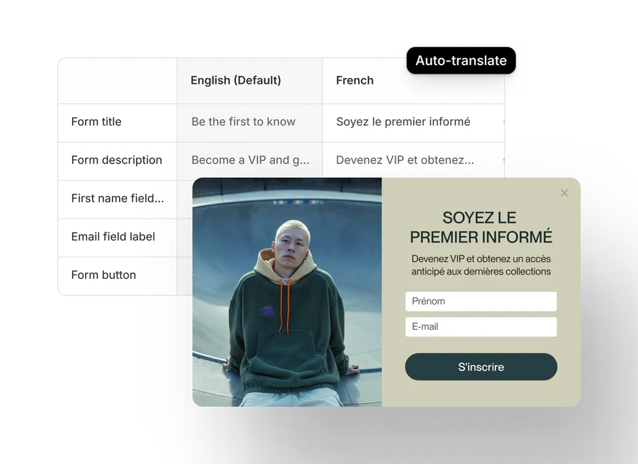 A DOPAMINE Form is being translated from English to French and a module shows what that form looks like in French.