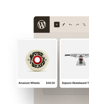 A Wordpress editor is open and products are being added to the site.