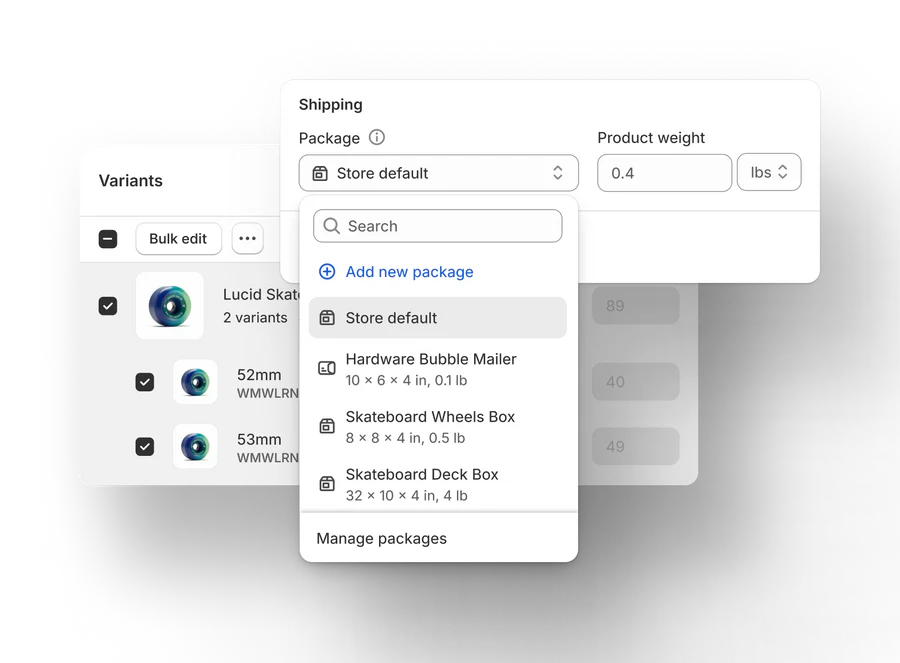 The shipping interface shows the default packaging options for each product. 