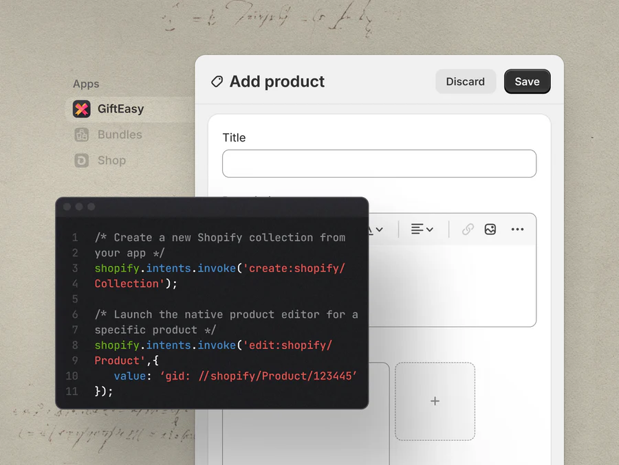 An interface is shown where a user can add a product with a title, description, and media. 