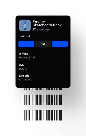 There's a modal where items, skateboards in this example, can be added and subtracted based on the inventory count. 