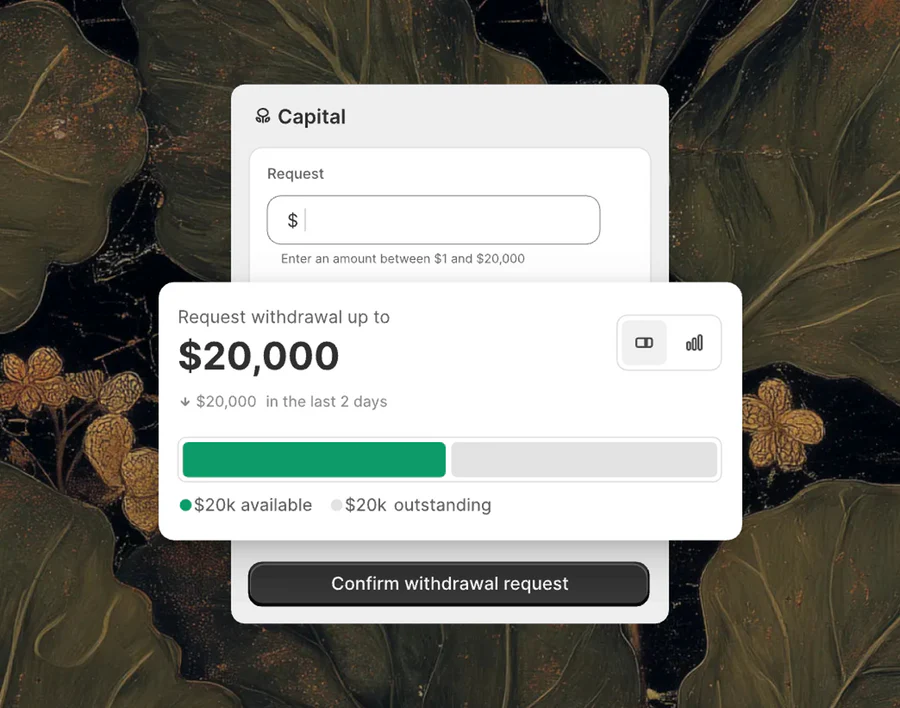 The animation starts with an application for funding, then there's a request to withdraw money, and finally the money is withdrawn. 