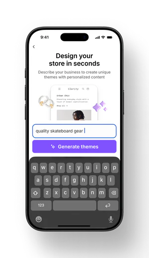 On a mobile phone, the prompt has been filled in with "quality skateboard gear," and they are ready to hit the "Generate themes" button.