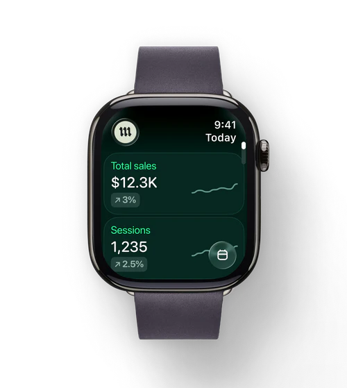 An Apple Watch with the redesigned client portal that shows the total sales and the total sessions. 
