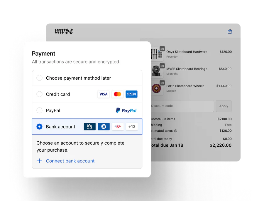 The option to pay by ACH by linking a bank account is shown below the other payment options.
