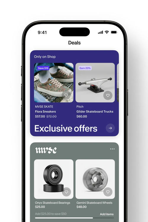 A section at the top of the Shop app shows exclusive offers.