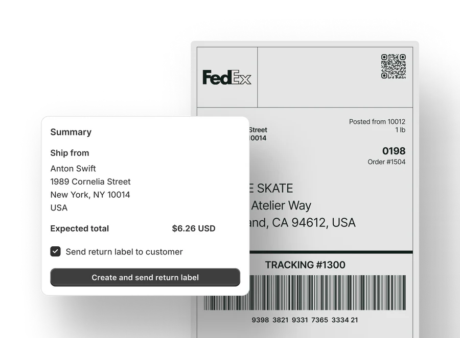 A Fedex return label is paired with the shipping interface that shows the creation of a return label. 