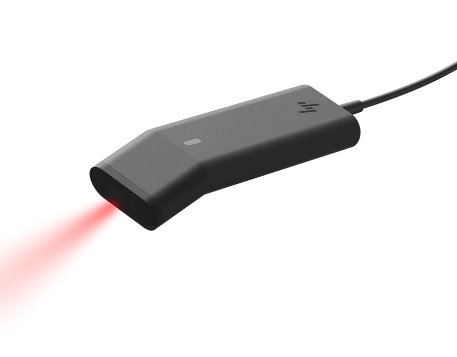 A HP barcode scanner with a red light.