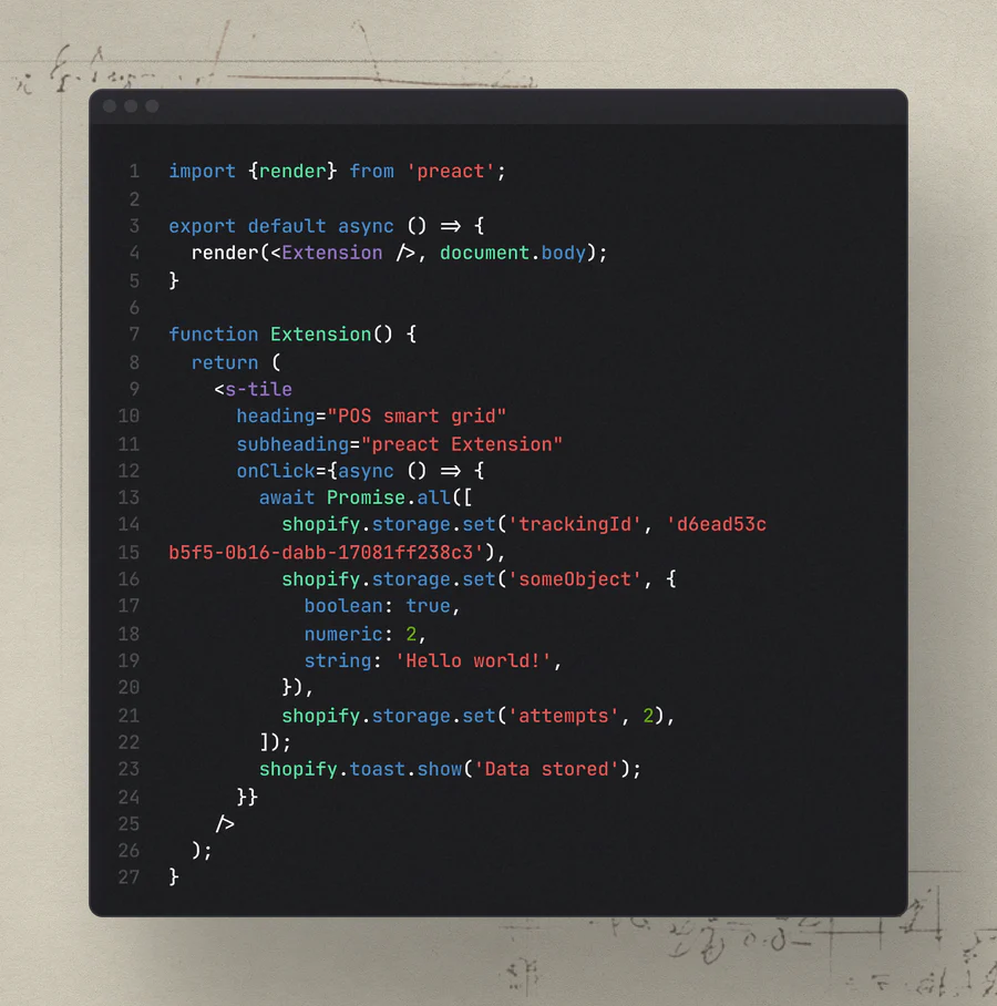 A code editor shows the developer using the POS Extensions Storage API.